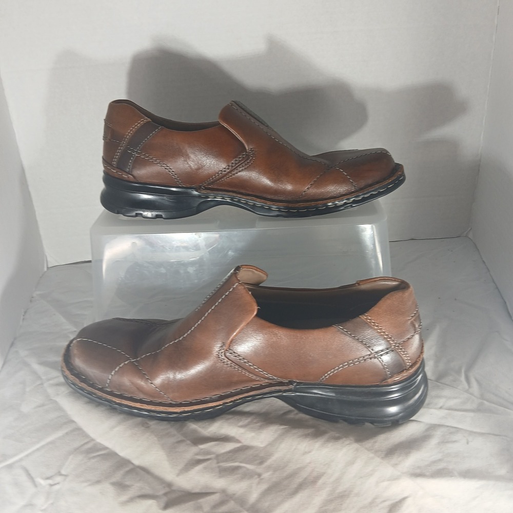 Clarks Loafers 10M Brown Leather Slip On Square Toe Contrast Stitch 70846 Mens‎ - Picture 2 of 10